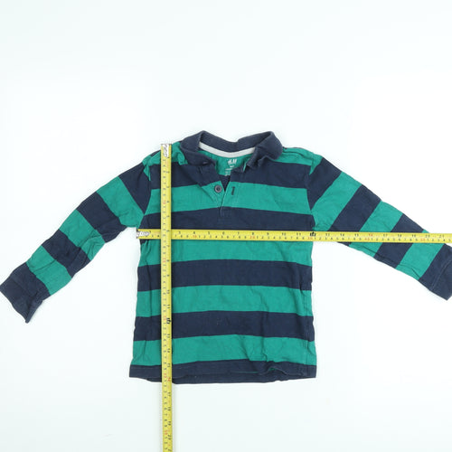H&M Boys Green Blue Striped Long Sleeve Polo Shirt 4-6 Years Cotton