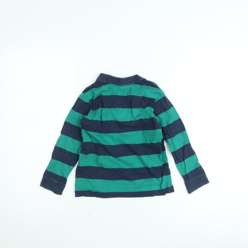 H&M Boys Green Blue Striped Long Sleeve Polo Shirt 4-6 Years Cotton