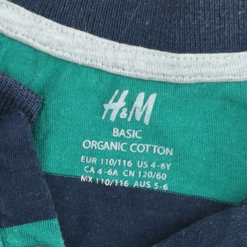 H&M Boys Green Blue Striped Long Sleeve Polo Shirt 4-6 Years Cotton