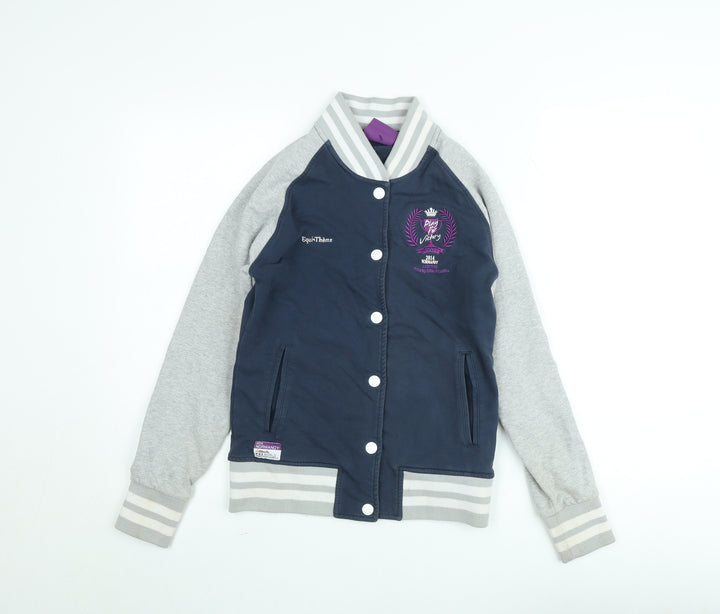 EquiTheme Girls Blue Varsity Jacket M Equestrian Logo Button Casual Top