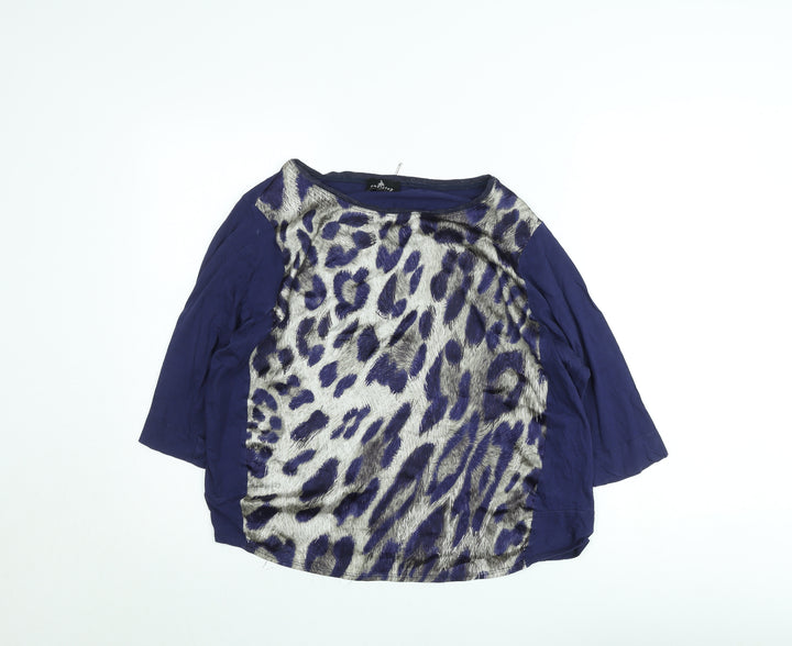 One Step Women's Blue Leopard Print 3/4 Sleeve Relaxed Blouse Size L