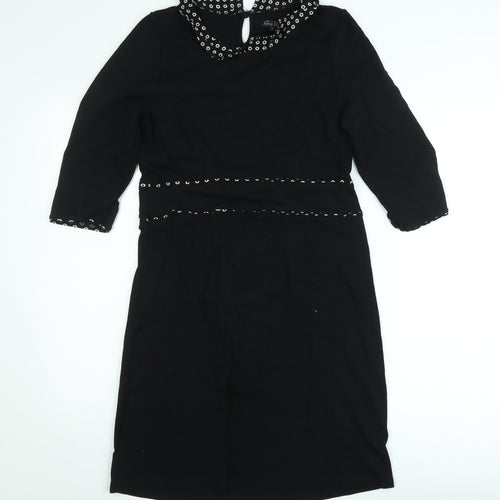 King Louie Women Black Knee Length Shift Dress L Collared Stretch