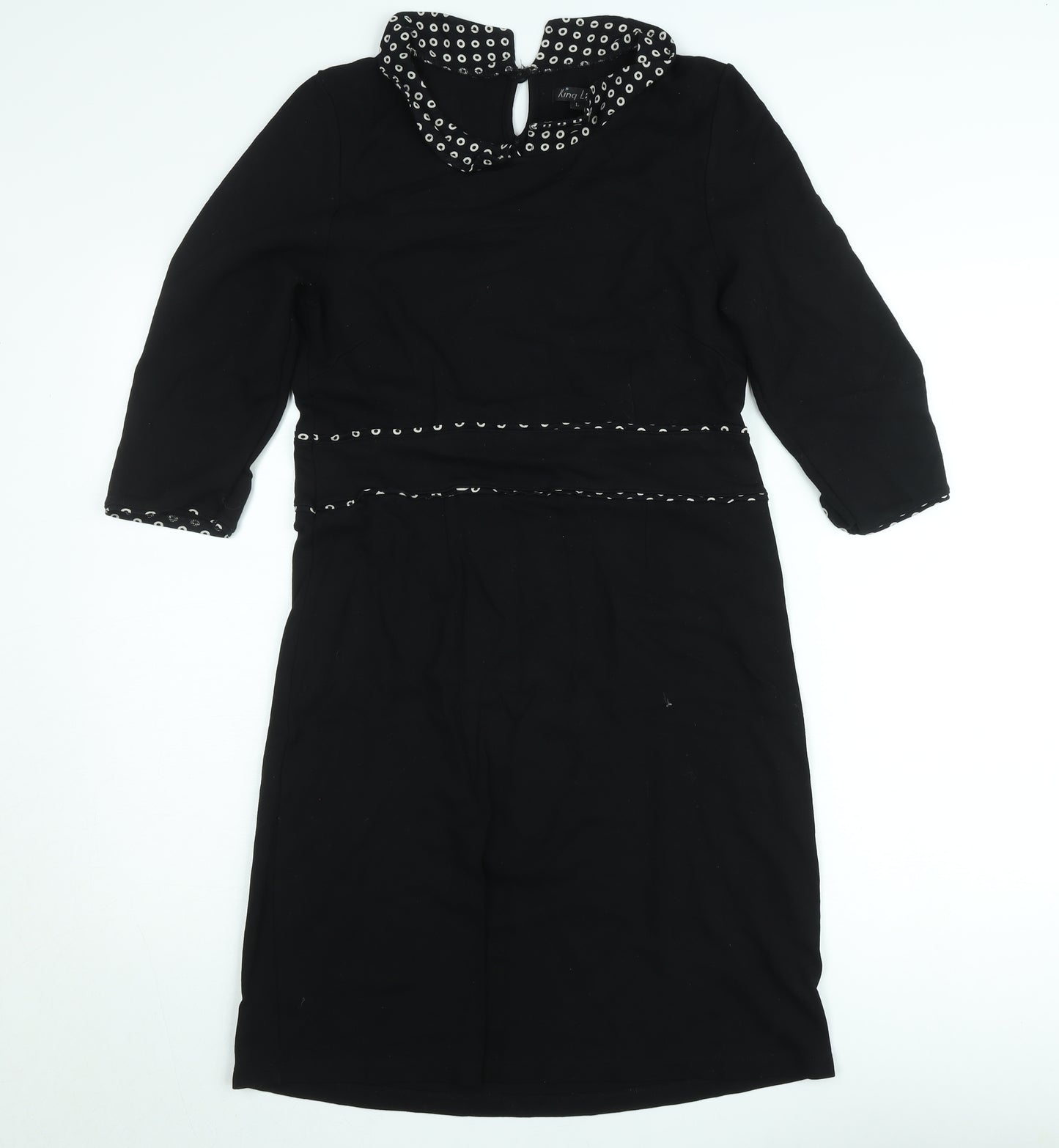 King Louie Women Black Knee Length Shift Dress L Collared Stretch