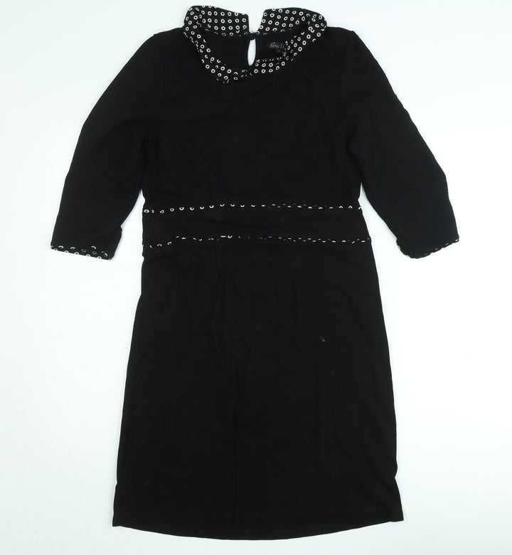 King Louie Women Black Knee Length Shift Dress L Collared Stretch