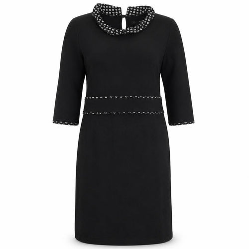 King Louie Women Black Knee Length Shift Dress L Collared Stretch