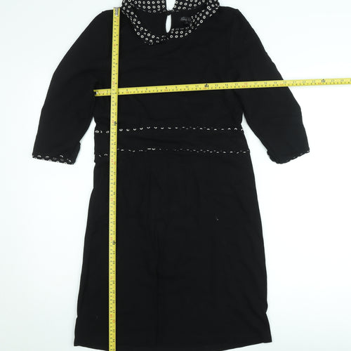 King Louie Women Black Knee Length Shift Dress L Collared Stretch
