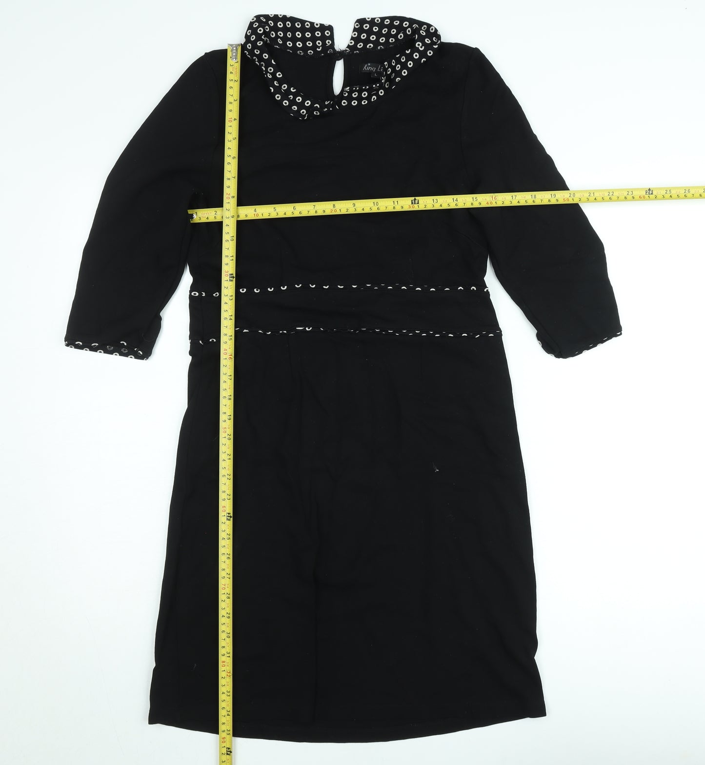 King Louie Women Black Knee Length Shift Dress L Collared Stretch