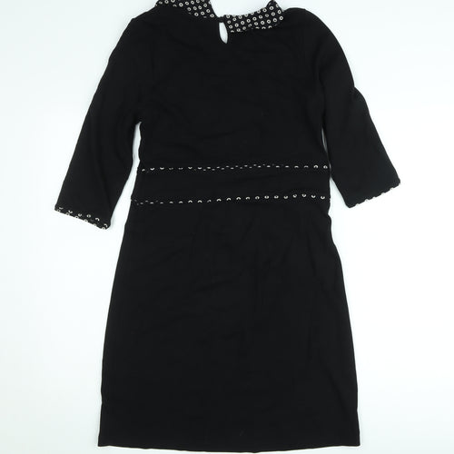King Louie Women Black Knee Length Shift Dress L Collared Stretch
