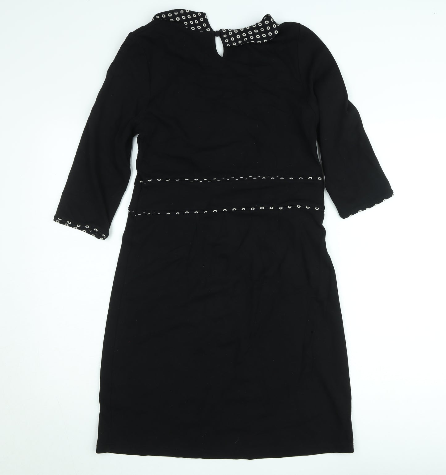 King Louie Women Black Knee Length Shift Dress L Collared Stretch