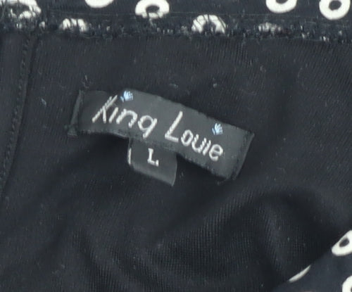 King Louie Women Black Knee Length Shift Dress L Collared Stretch