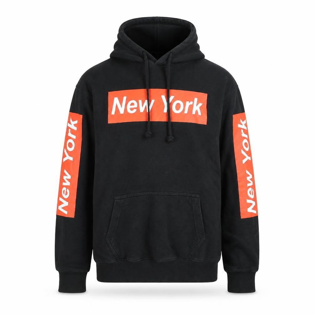 Front view of Popular Apparel Men's Black New York Hoodie, size S, Pullover Fleece