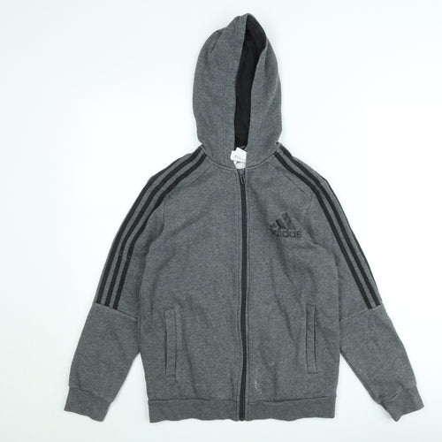 Adidas Teens Grey Full Zip Hoodie Size 164 Fleece Lined Sports Style