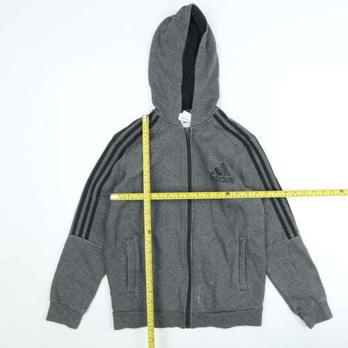 Adidas Teens Grey Full Zip Hoodie Size 164 Fleece Lined Sports Style
