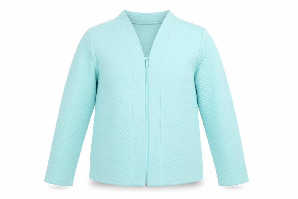 Front view of Women's Blue Quilted Full Zip Jacket, size 12, Cotton Blend