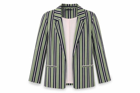 Front view of Only Women Green Striped Long Blazer Jacket, size 8