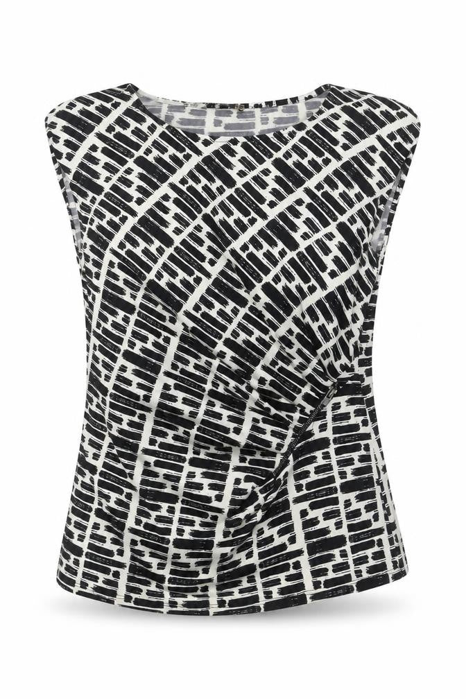 Front view of Principles by Ben de Lisi women’s black geometric wrap blouse, size UK 14