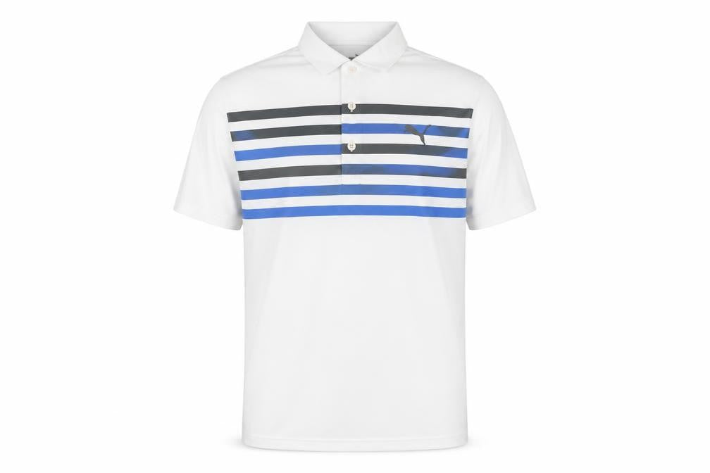 Front view of Puma Men’s White Striped Golf Polo Shirt, size S, Regular Fit
