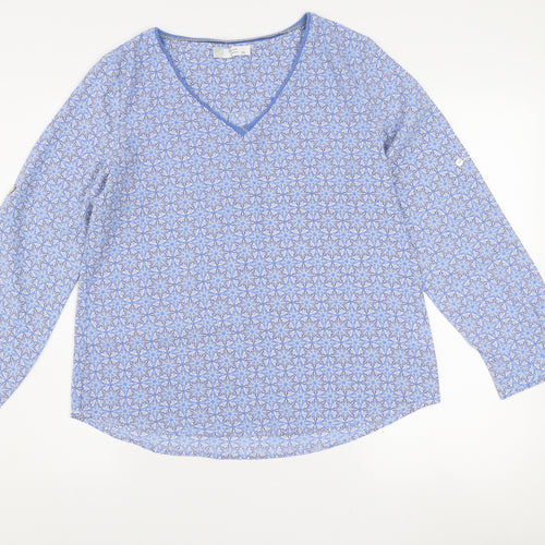 Sarah John Women's Blue Geometric Long Sleeve Viscose Blouse Size M