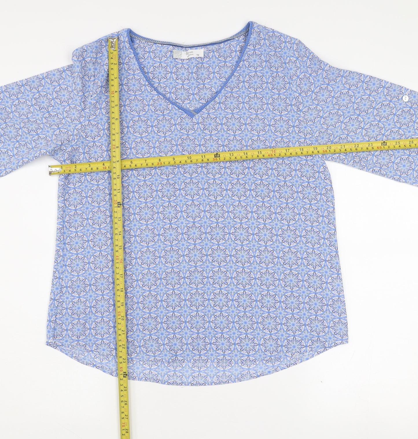 Sarah John Women's Blue Geometric Long Sleeve Viscose Blouse Size M
