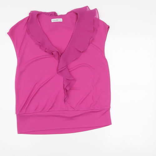 Gallery Women's Pink Ruffle V-Neck Sleeveless Chiffon Blouse M