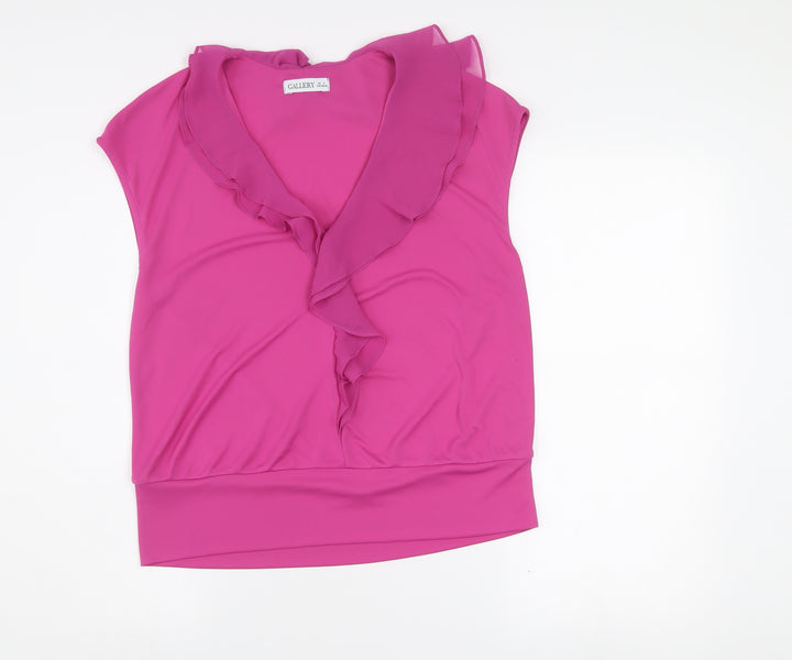Gallery Women's Pink Ruffle V-Neck Sleeveless Chiffon Blouse M
