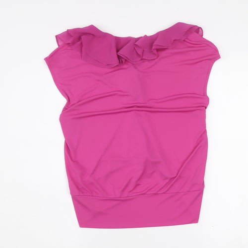 Gallery Women's Pink Ruffle V-Neck Sleeveless Chiffon Blouse M