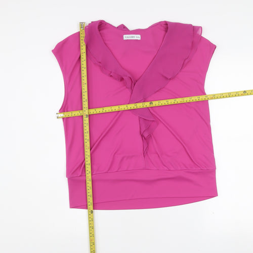 Gallery Women's Pink Ruffle V-Neck Sleeveless Chiffon Blouse M