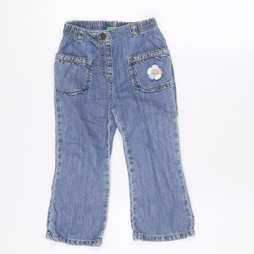 Benetton Girls Blue Denim Jeans 24 Months Straight Leg Embroidered Flower