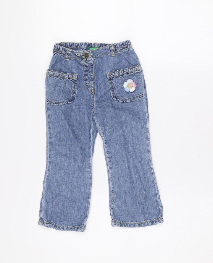 Benetton Girls Blue Denim Jeans 24 Months Straight Leg Embroidered Flower