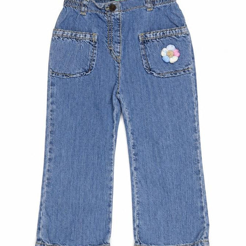 Benetton Girls Blue Denim Jeans 24 Months Straight Leg Embroidered Flower