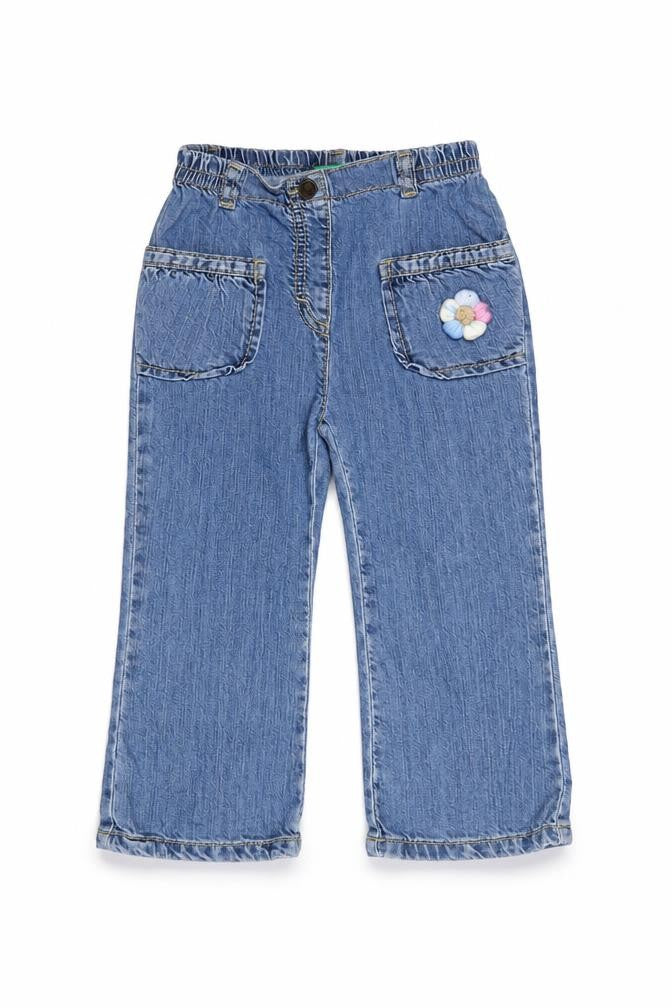 Benetton Girls Blue Denim Jeans 24 Months Straight Leg Embroidered Flower