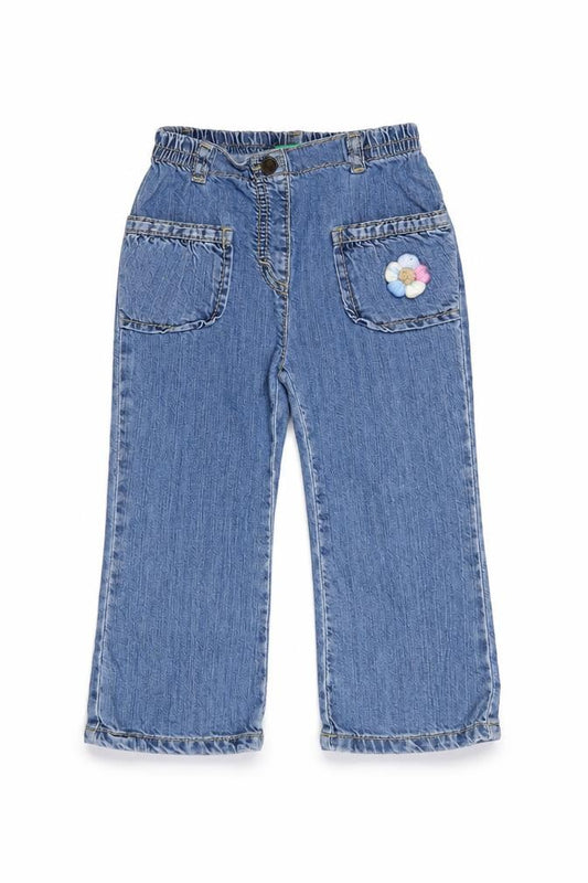 Front view of United Colors of Benetton girls’ blue denim jeans 24 months straight leg embroidered flower