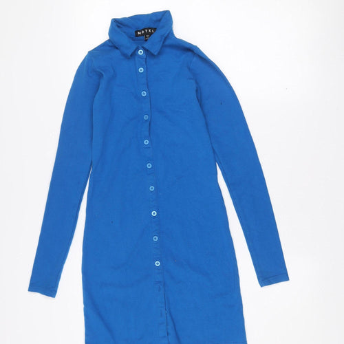 Motel Women’s Blue Shirt Dress Long Sleeve Button Collared S
