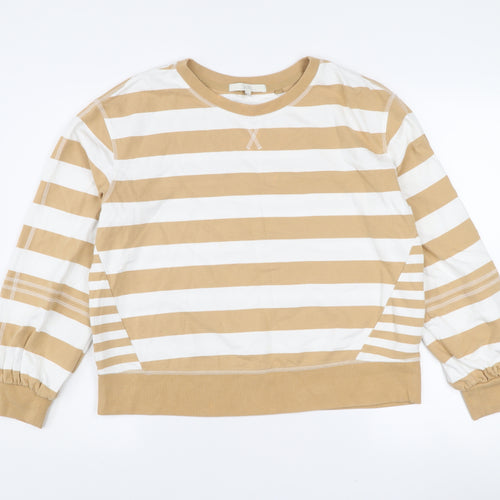 Next Women Beige White Striped Cotton Crew Neck Pullover Jumper M