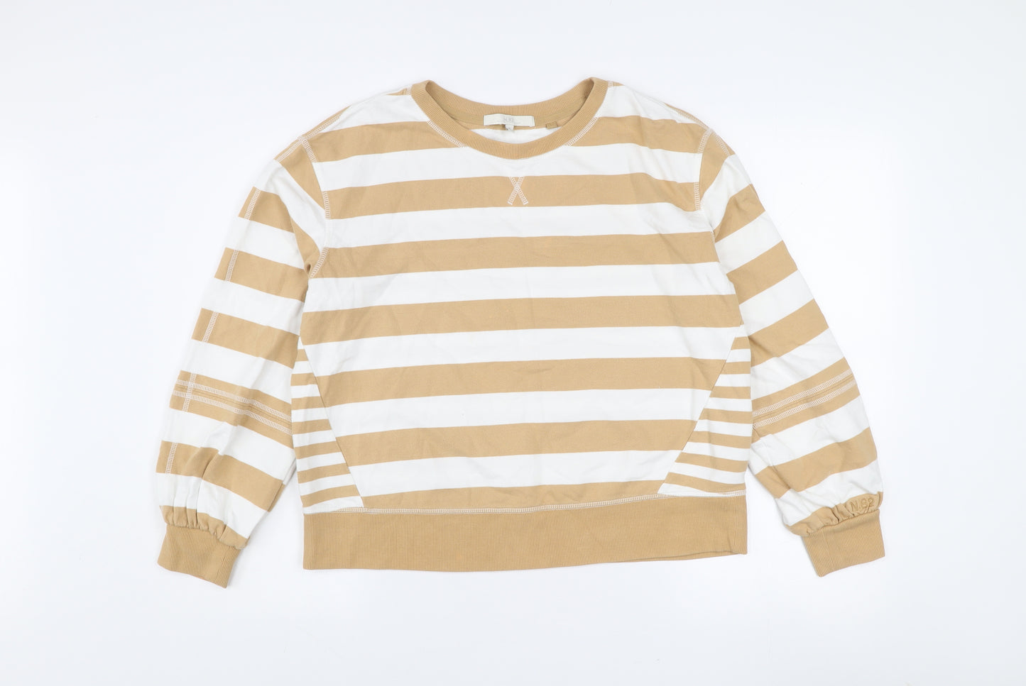 Next Women Beige White Striped Cotton Crew Neck Pullover Jumper M