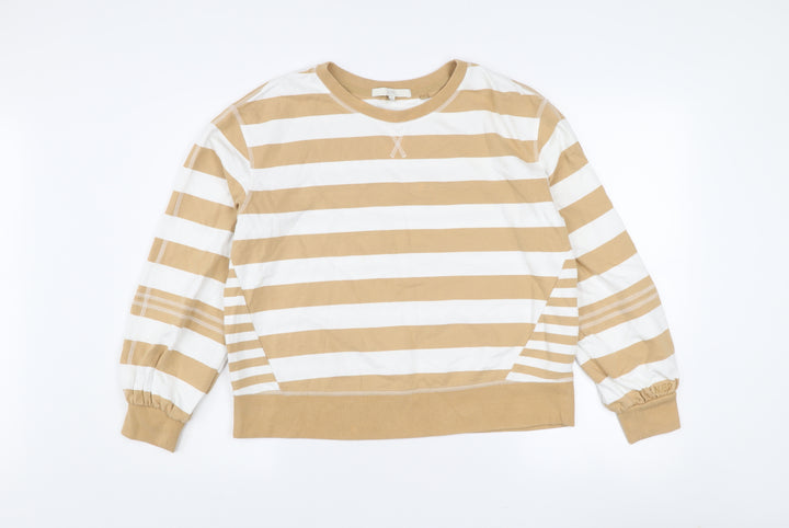 Next Women Beige White Striped Cotton Crew Neck Pullover Jumper M