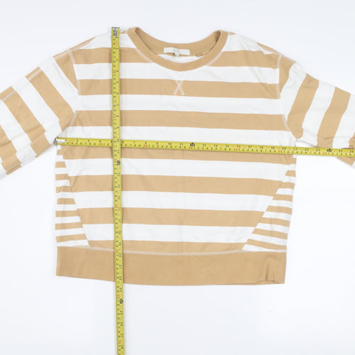 Next Women Beige White Striped Cotton Crew Neck Pullover Jumper M