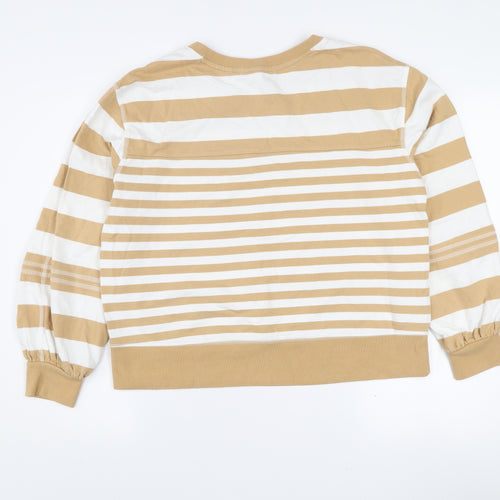 Next Women Beige White Striped Cotton Crew Neck Pullover Jumper M