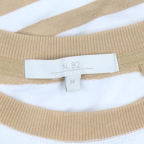 Next Women Beige White Striped Cotton Crew Neck Pullover Jumper M