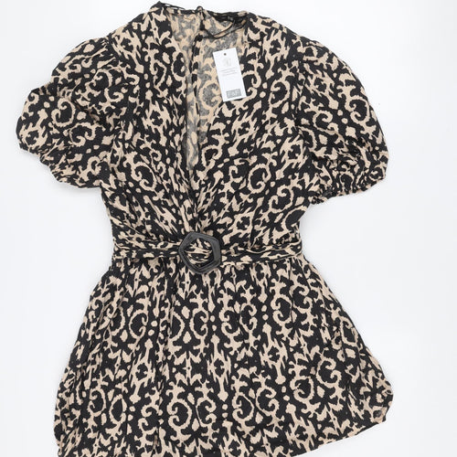 F&F Women’s Beige Black Animal Print Belted Cotton Playsuit UK 14