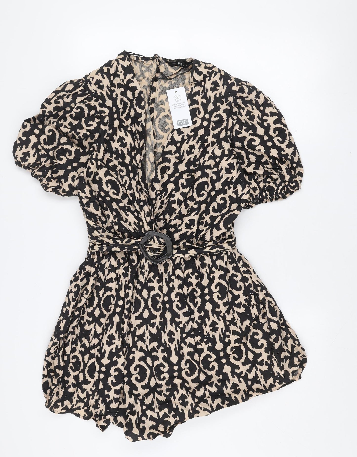 F&F Women’s Beige Black Animal Print Belted Cotton Playsuit UK 14