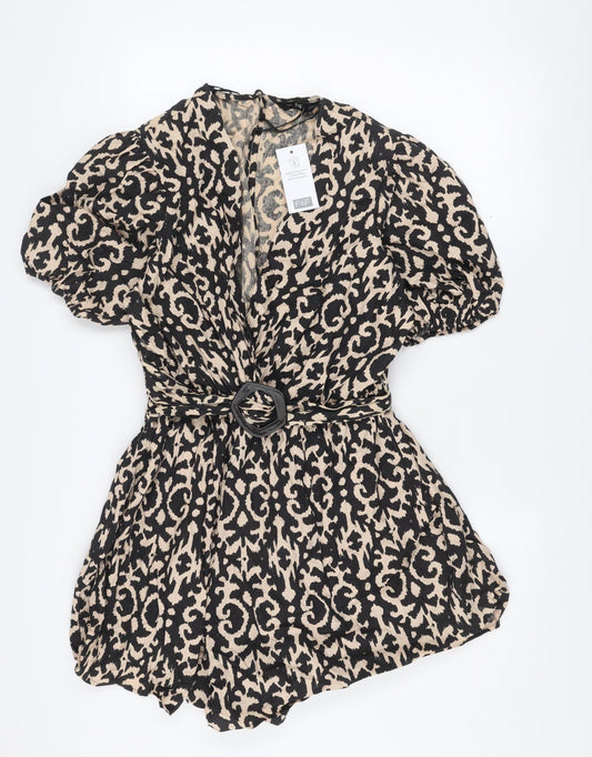 F&F Women’s Beige Black Animal Print Belted Cotton Playsuit UK 14