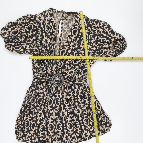 F&F Women’s Beige Black Animal Print Belted Cotton Playsuit UK 14