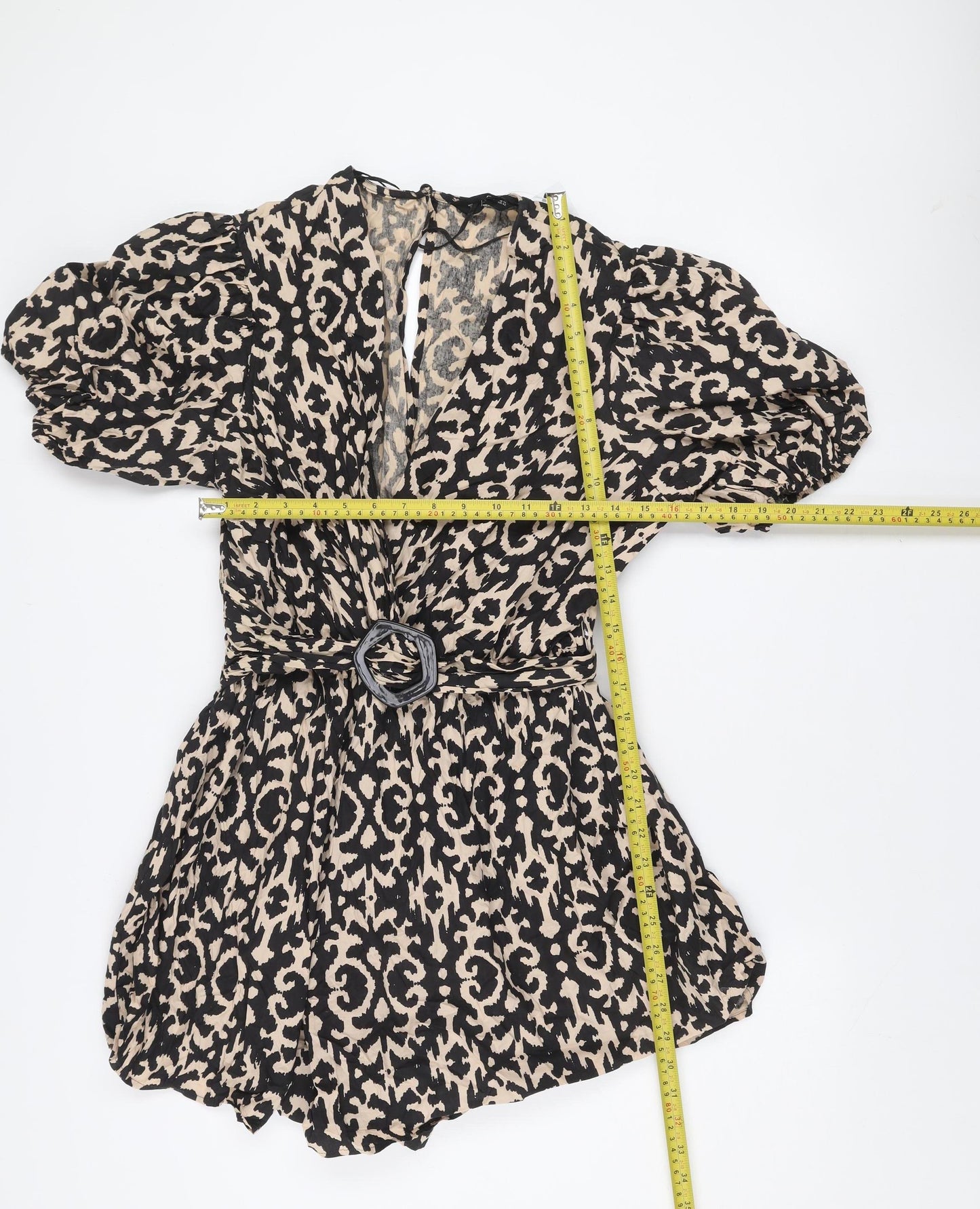 F&F Women’s Beige Black Animal Print Belted Cotton Playsuit UK 14