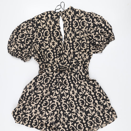 F&F Women’s Beige Black Animal Print Belted Cotton Playsuit UK 14