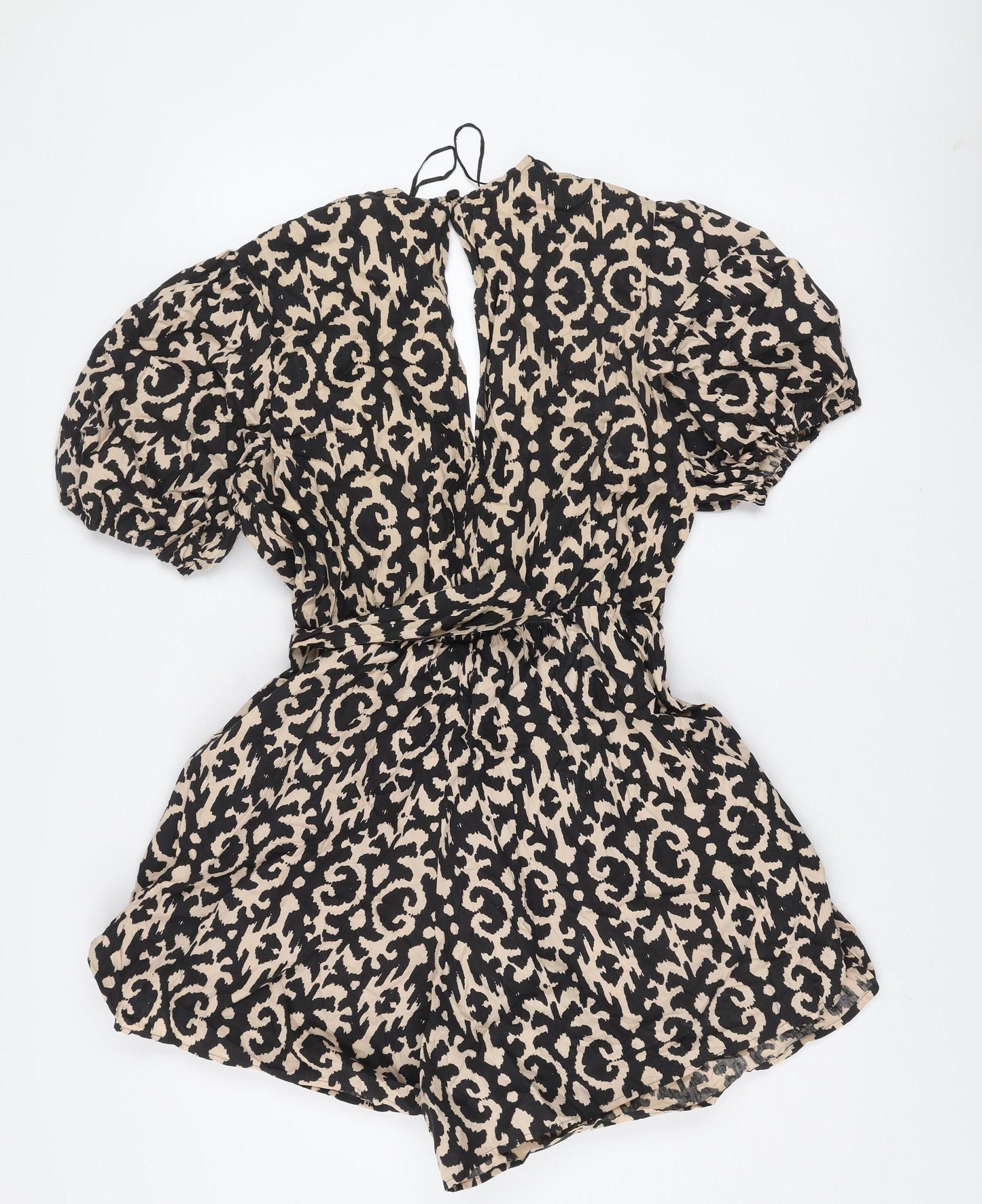 F&F Women’s Beige Black Animal Print Belted Cotton Playsuit UK 14