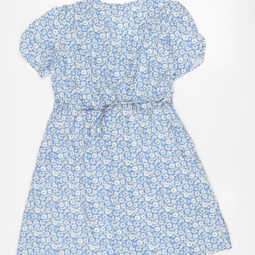 Dunnes Women’s Blue Floral Wrap Dress Size 10 Short Puff Sleeve