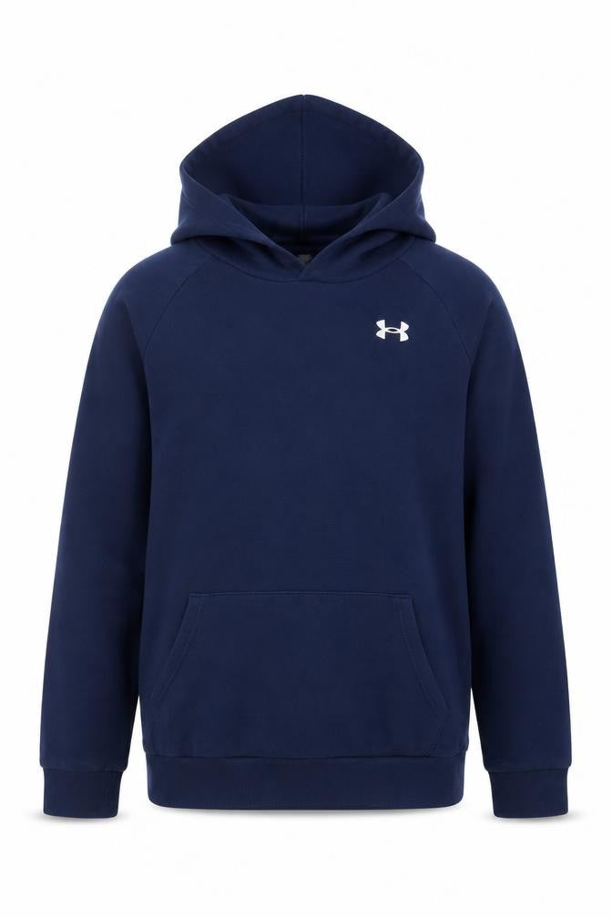 Front view of Under Armour boys’ blue pullover hoodie yxl loose fit cotton blend
