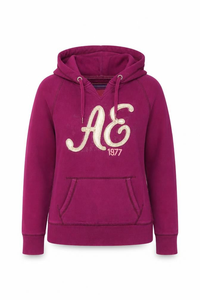 Front view of American Eagle women’s purple pullover hoodie xl graphic print casual