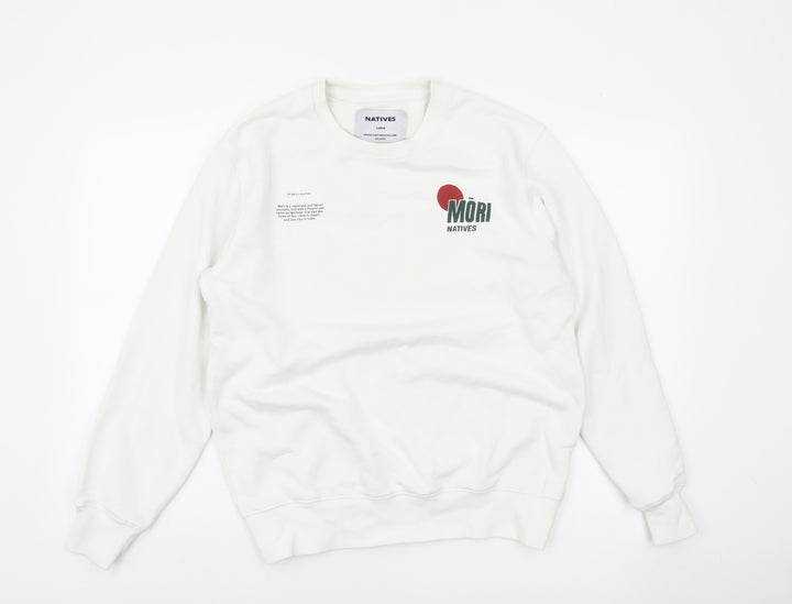 Natives Men White Graphic Logo Crew Neck Sweatshirt Size L